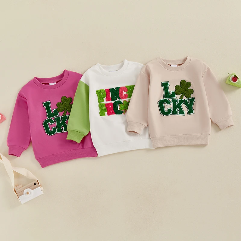 1-4 Years Kids Sweatshirt Long Sleeve Crew Neck Embroidery Letters Shamrock Hoodie Pullover Irish Holiday Clothes for Boys Girls