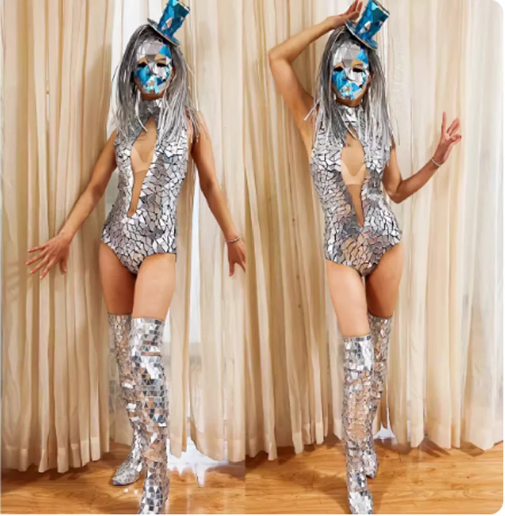 

2024 New Professional Mirror Show Performance Costume Sexy Deep V Silver Lens Swimwear High Boots Set