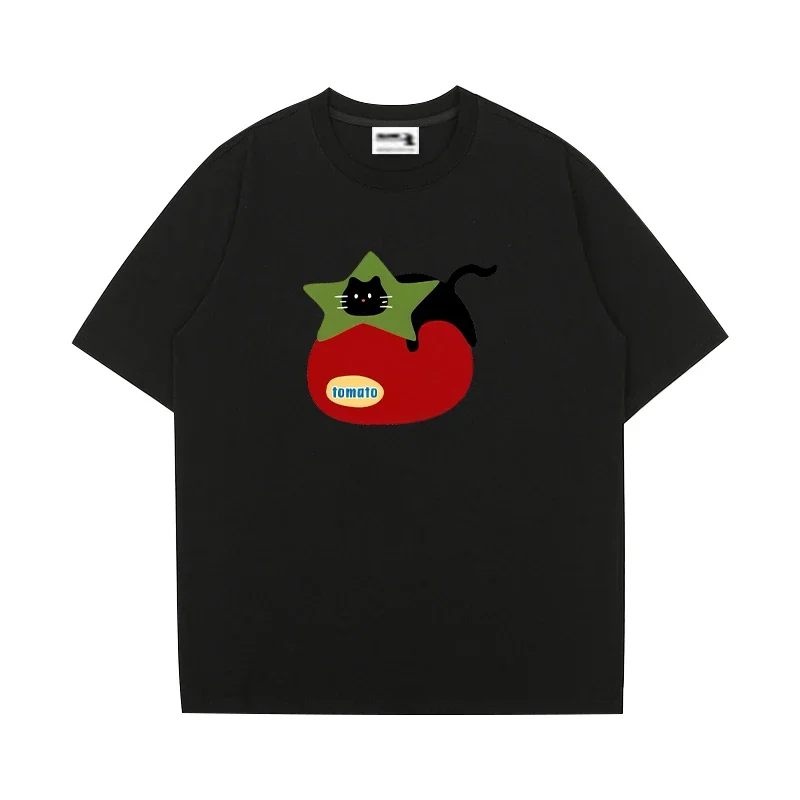 

Men's casual tomato cat pattern printed short-sleeved T-shirt, cute Kawaii humorous and comfortable clothing top