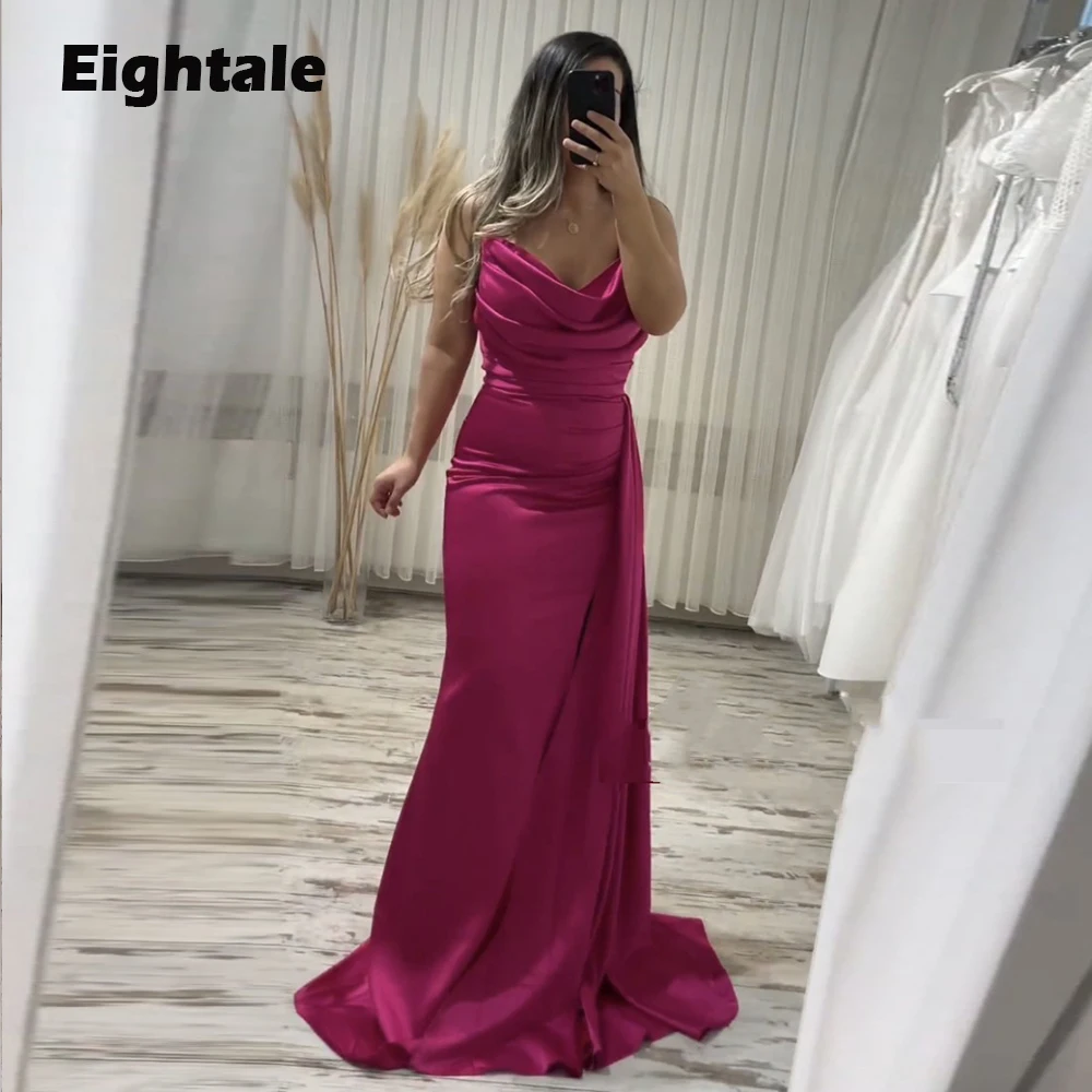 

Eightale Arabic Evening Dresses Scoop Pleats Side Train Hot Pink Mermaid Prom Gown Formal Celebrity Dubai Wedding Party Dress