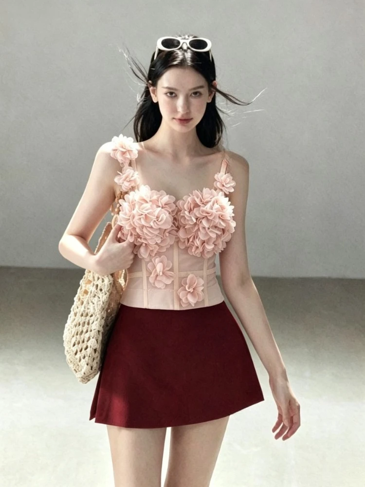 Ladies Sexy Backless Sleeveless Camisole Vest Sweet Floral Thin Straps Short Top French High Street Summer Street Daily Outfit