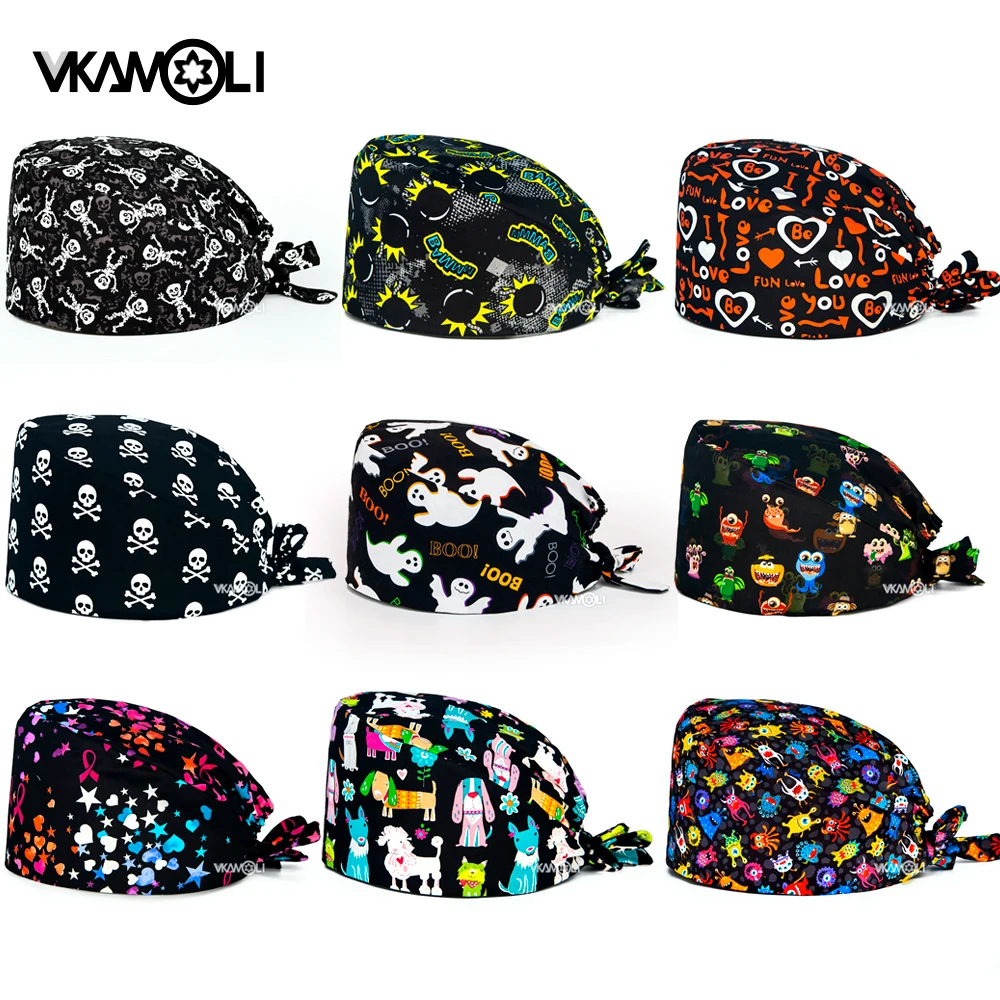 Unisex Festival Vibes Schedel Pompoen Afdrukken Caps Chirurgische Hoeden Werken Cap Laboratorium Verpleging Scrub Caps Artsen Scrub Hoeden