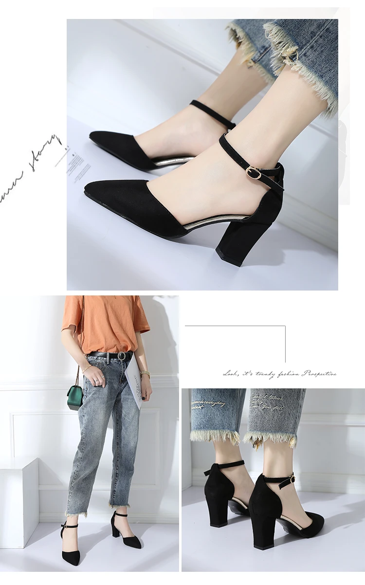 2024 Summer New Versatile Middle Heel Sandals for Women Korean  Thick Heel Pointed One Button High Heel Shoes for Women