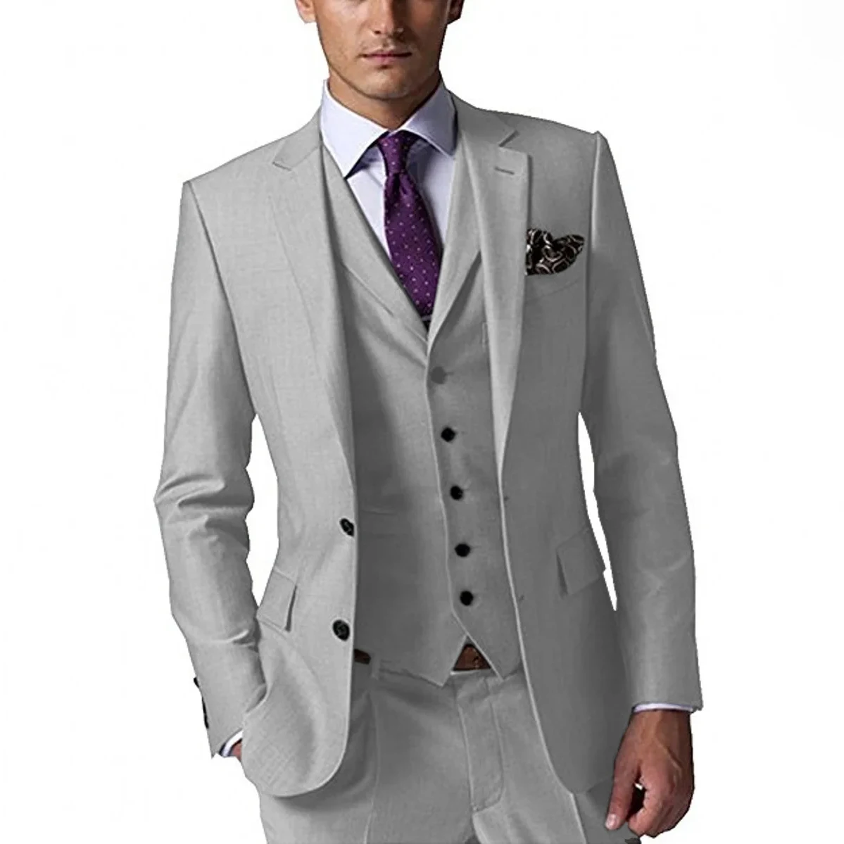 

Elegant Light Grey Slim Fit 3 Piece Suits For Men Fashion Jacket Vest Pants Set for Formal Wedding Groom Tuxedo Trajes De Hombre