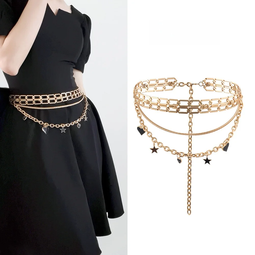 

Золотая массивная цепь с подвеской в виде сердца в стиле панк, декоративный ремень, винтажный модный аксессуар для женщин