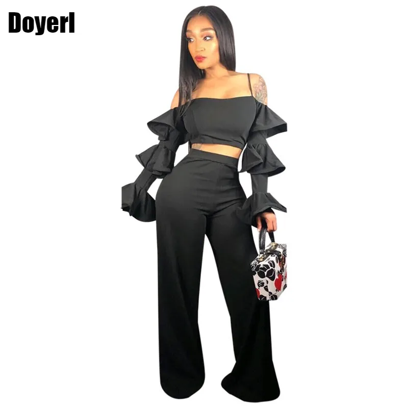 Set di 2 pezzi Sexy abbigliamento donna 2022 abiti da Club per feste manica lunga svasata Crop Top pantaloni larghi Set di due pezzi coordinati