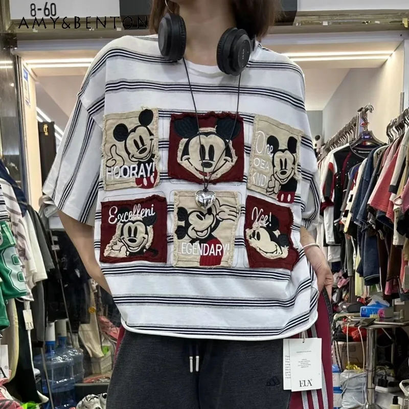 

American Retro Striped Applique Cartoon Short-sleeves T-shirt For Women's 2026 Summer New Arrivals Slimming Top Pullover Tees