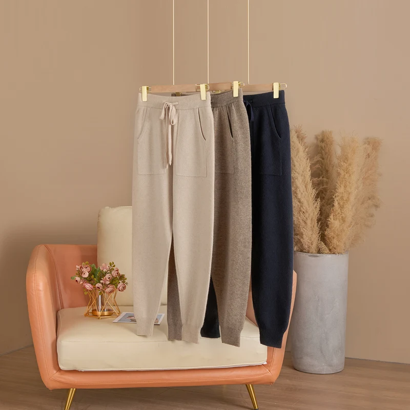 Women's 100% Merino Wool Casual Small leg Pants With Loose Temperament Knitted Long Pants Outerwear Autumn Winter 9-inch Pants