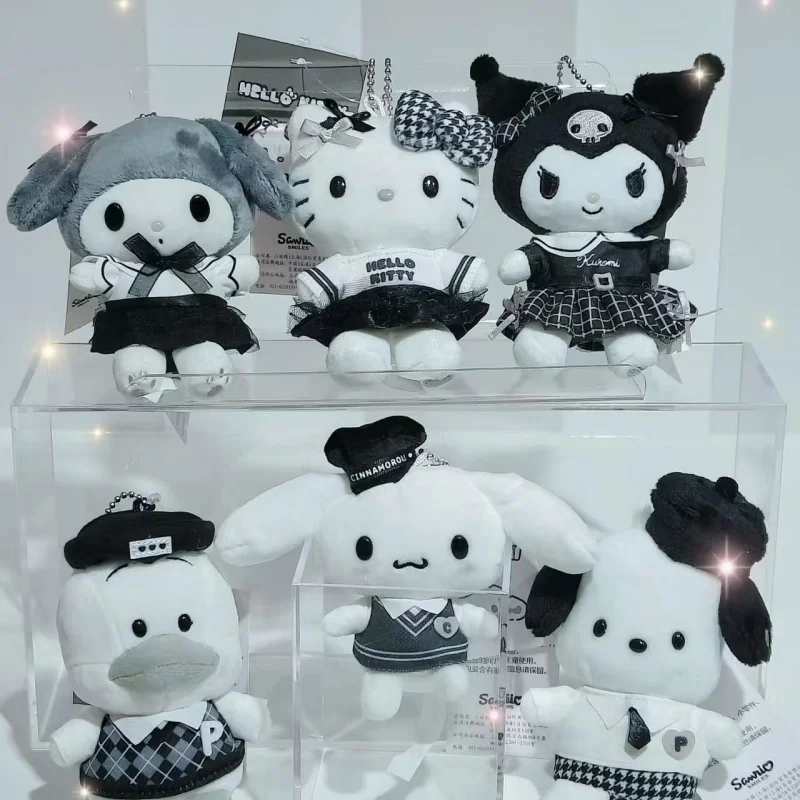 Sanrio Black White Impression Kitty cat Melody Retro Cinnamoroll Plush Cartoon Keychain Fashionable Bag Pendant Stuffed Toy