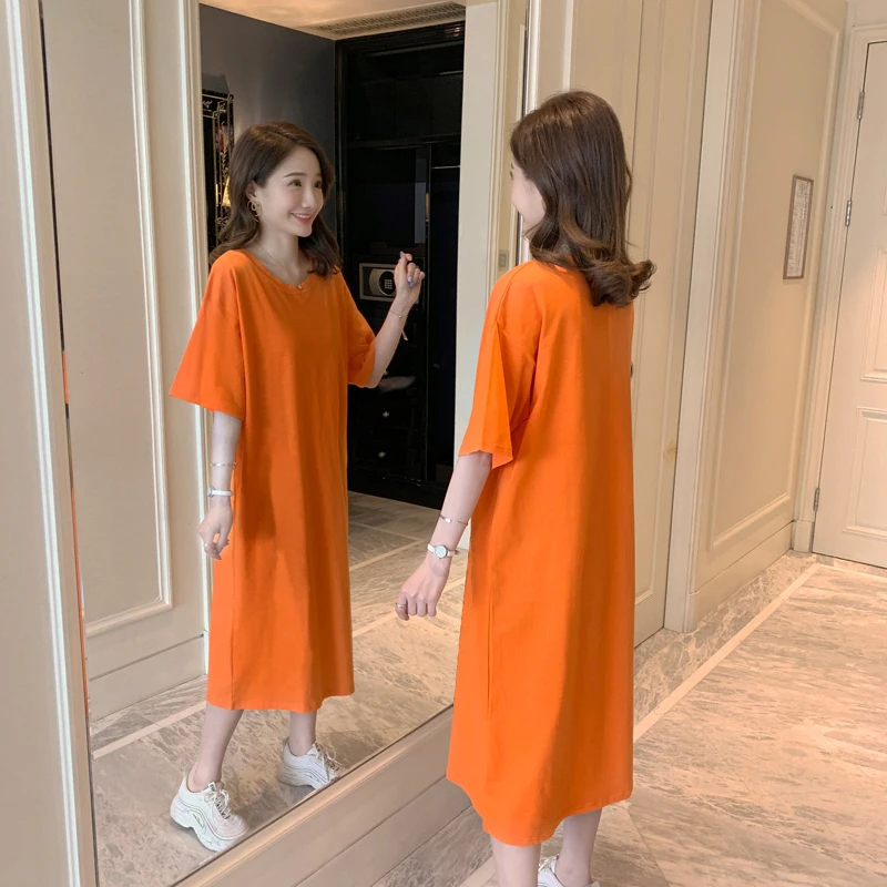 Summer Long T-Shirt Dress Women's Student Short Sleeve Oversized Lazy Large Size Casual Style Printed Midi Skirt Dress