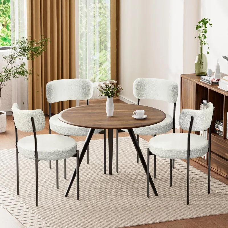 Boucle Dining Chairs Set of 4, Round Dining Room Chairs with Metal Legs, Upholstered Dining Chairs with Curved Back