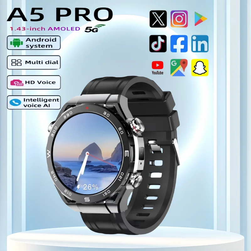 

4G/5G All Network A5 Pro Новые Смарт-часы Android Amoled Большой Экран 200 Вт Камера 256 ГБ Память Вызов GPS Позиционирование Wi-Fi Спорт