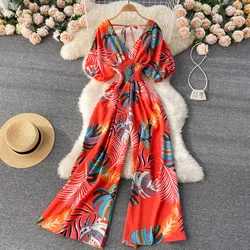 Casual Chiffon Print Jumpsuit Women V-Neck High-Rise Rompers Playsuits Holiday Trendy Wide-Leg Pants Summer One-Piece Outfits