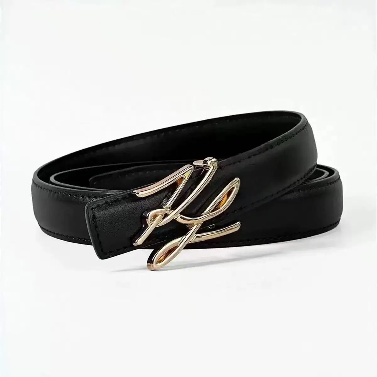 Luxury Designer Style Women's Belt Black PU Leather Gold Double Ring Gancini Style Buckle Waistband for Jeans Dress Fashion