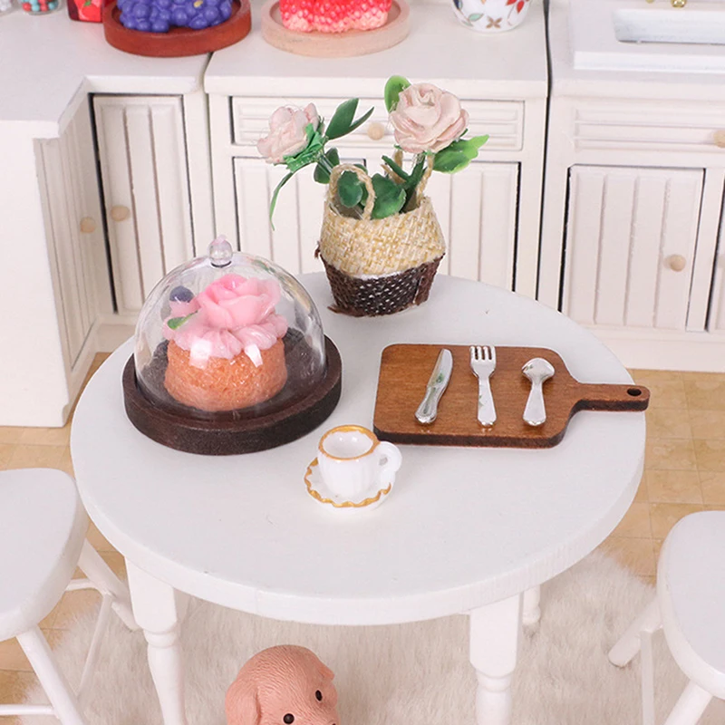 8Pcs/set DIY Accessories Dollhouse Coffee Miniature Cake Wooden Tray With Cover Dessert Display Rack Kitchen Model Decor Toy