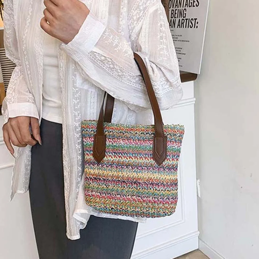 

Niche Design Elegant Woven Bucket Bag Retro Rainbow Stripes Straw Weaving Handbag Large Capacity Polyester Small Square Bag Work
