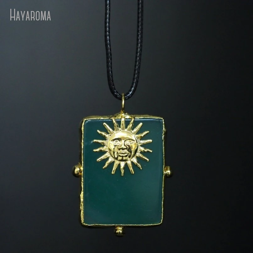 10Pcs Gold Color Green Tin Solar Agates Hide Rope Soldered Rectangle Handmade Jewelry Necklace