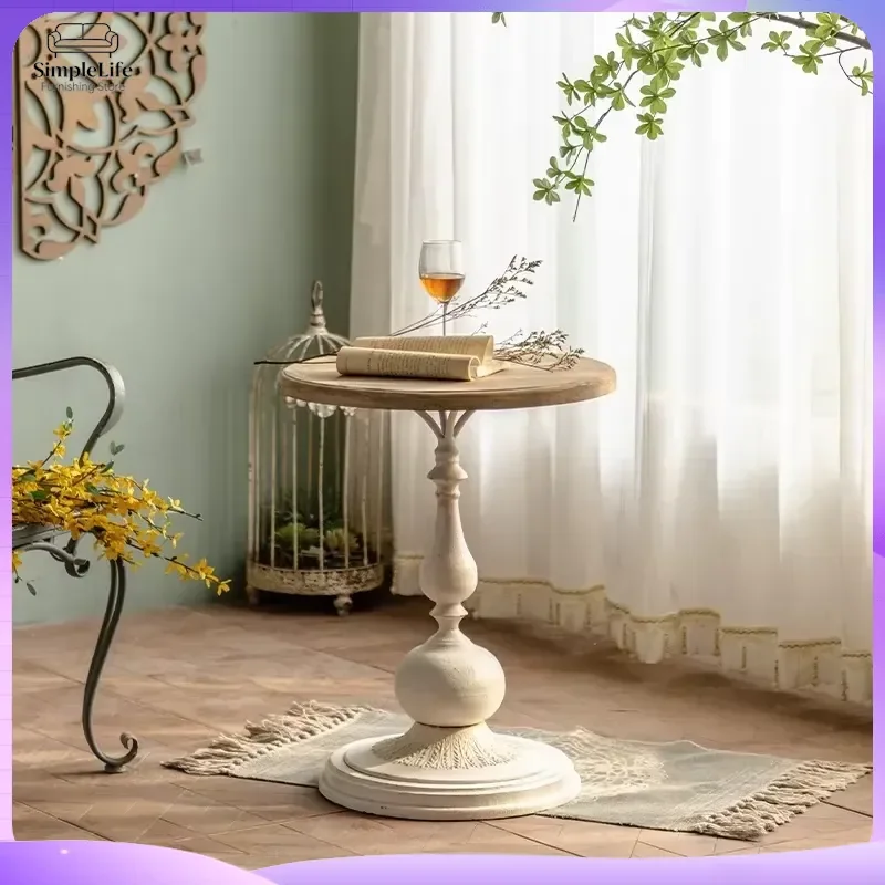 

French Vintage Solid Wood Coffee Round Small Living Room Side Table Corner Balcony Table Endfor Sofa