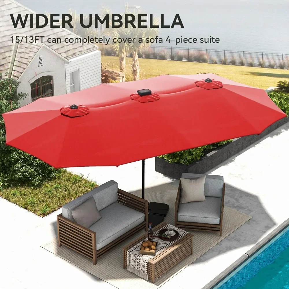 15ft Patio Umbrella w/Solar Lights Outdoor Extra Large Double-Sided Market Table Umbrella 48 LED Light for Pool