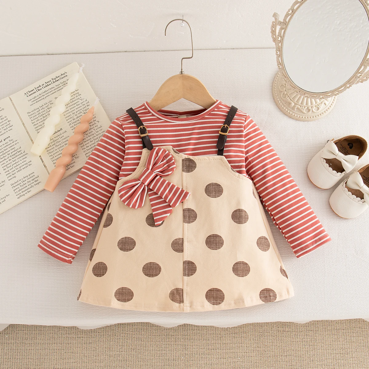 Korean Style Fashion Striped Bow Polka Dots Spliced Baby Girl Dress Autumn Sweet Cute Long Sleeved Toddler Dress