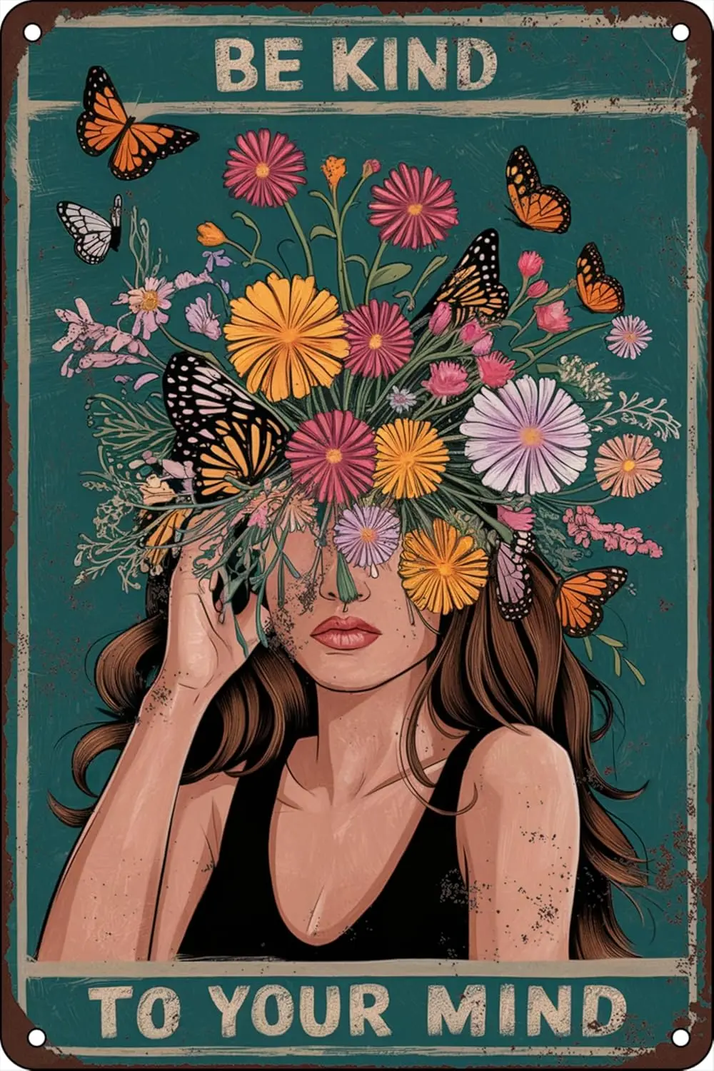 Y1, Be Kind to Your Mind, Plaque en métal vintage, Art mural inspirant style Hippie Boho pour Bureau, Maison, Chambre, Salon, Abri de jardin pour femme