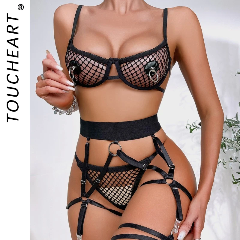 

Toucheart Sexy Underwear Set Women Lace See-Through Hollow Sexy Hook Nipple Bra Set Fishing Net Splicing Garters Lingerie Set
