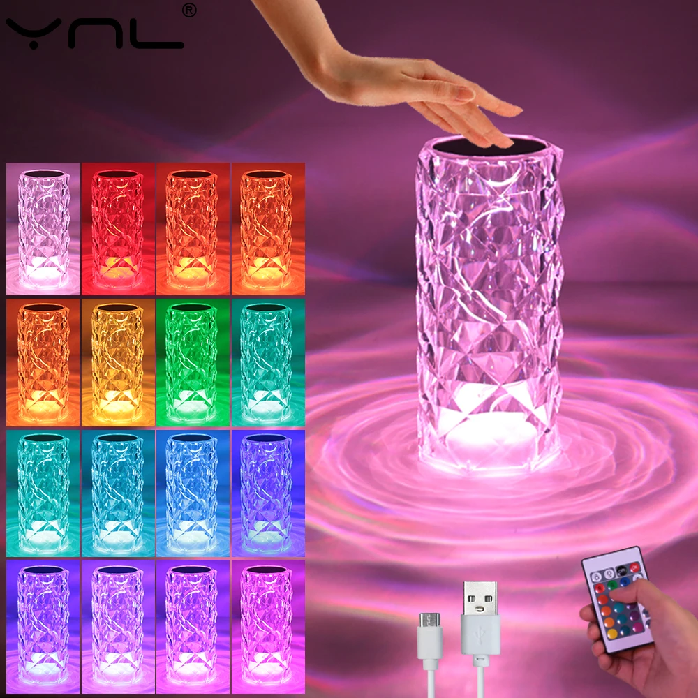 16 Colors Touch Remote Diamond Rose LED Crystal Lamps Table Romantic Christmas USB Night Light Projector Atmosphere Rechargeable