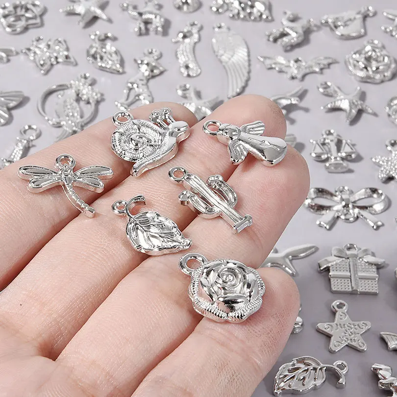 10-70pcs Random Mix Silver Color Alloy Building Animal Pendant Tower Dragonfly Snail Charms For Jewelry Making Necklace Keychain