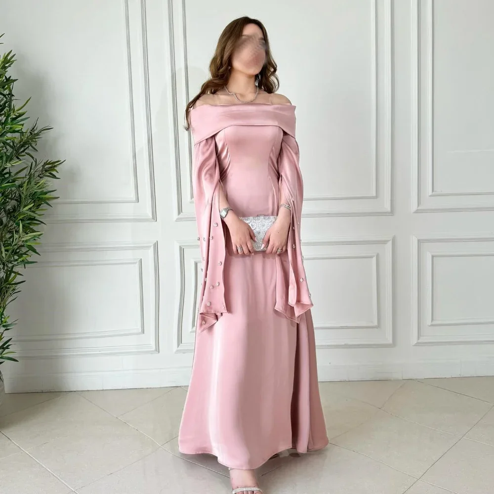 Customized Satin Rhinestone Beach A-line Off-the-shoulder Bespoke Occasion Gown Long Dresses