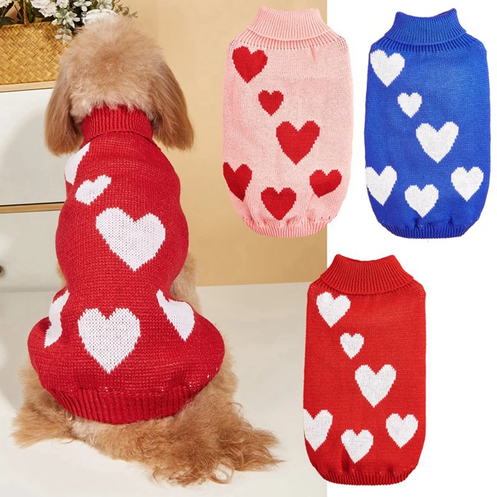 Valentine Day Pet Costume Knitted Puppy Sweater with Love Heart Cold Weather Pet Outfits Winter Pullover Cat Knitwear Sweaters