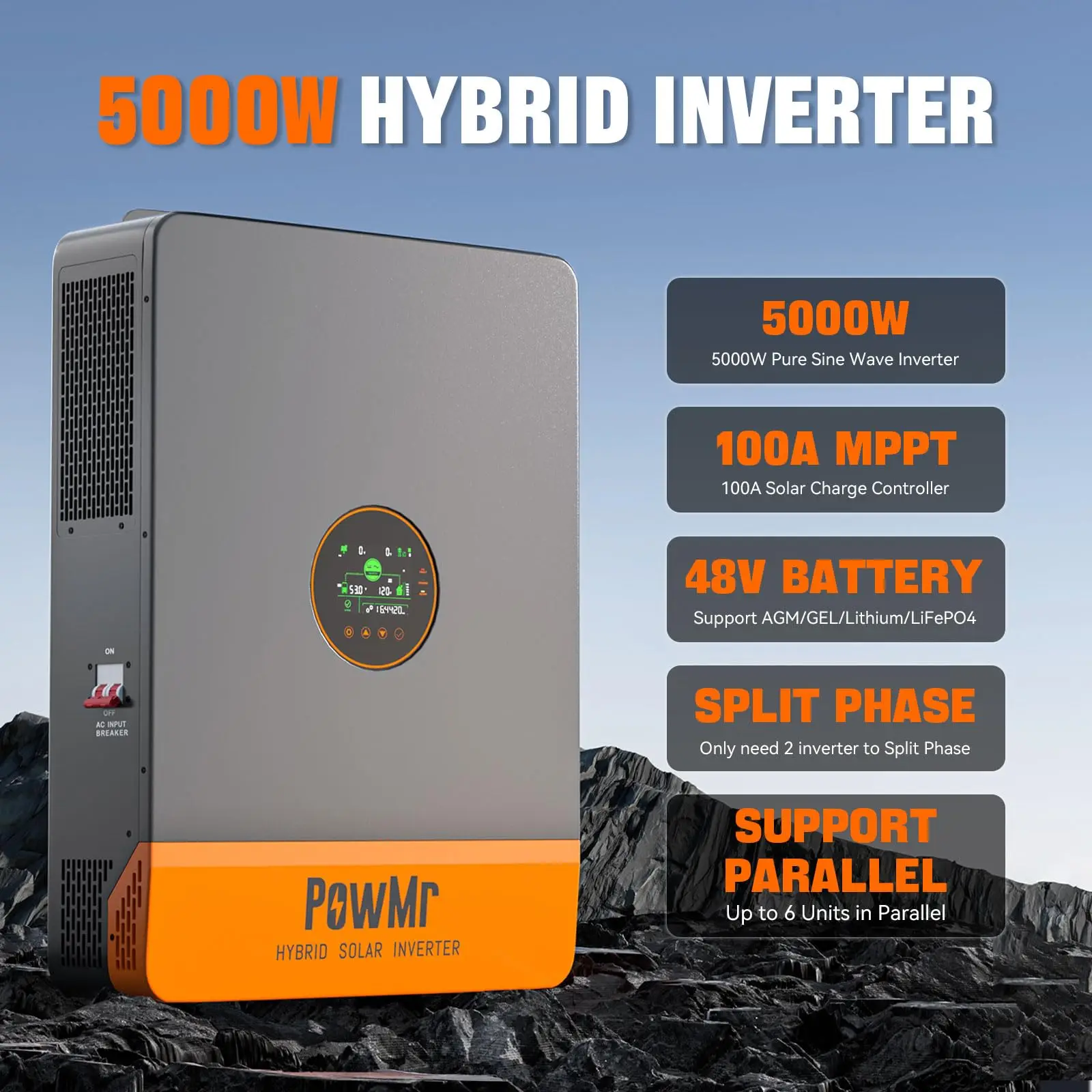 PowMr USA 5000 واط 48 فولت 110Vac العاكسونات الشمسية الهجينة يمكن أن تقسيم المرحلة 220Vac الناتج عند موازية موجة جيبية نقية MPPT 100A PV 500Vdc #2