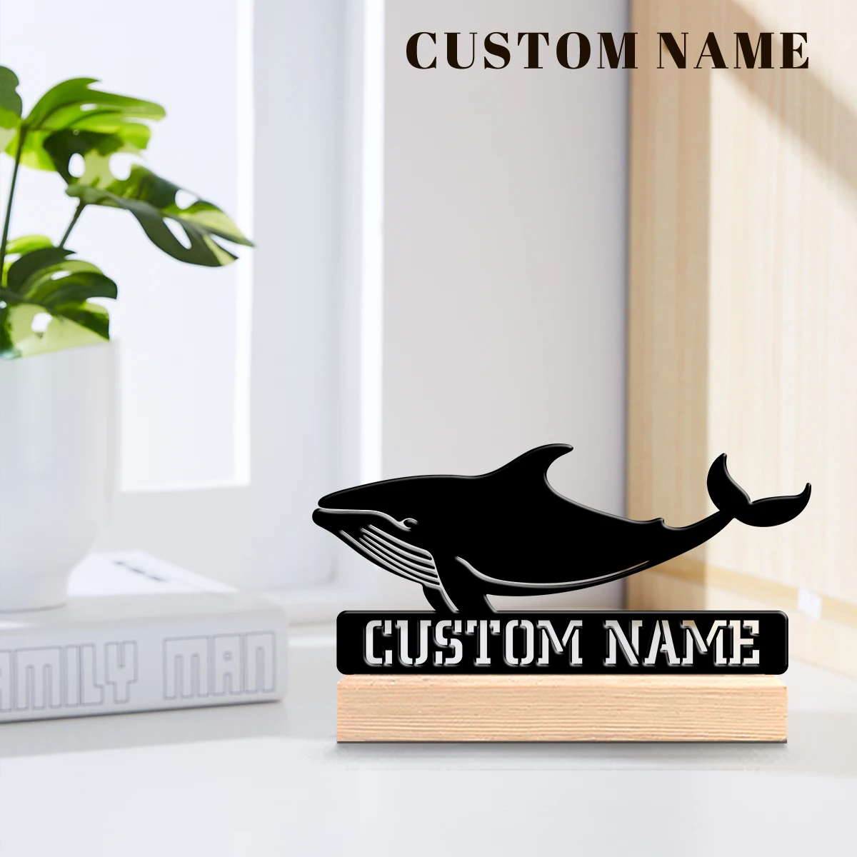 1Pc Csutom Name Jumping Whale Wooden Base Metal Art Ornament,Home Office Hotel Cafe Club Decor,Ideal Gift for Family Friends