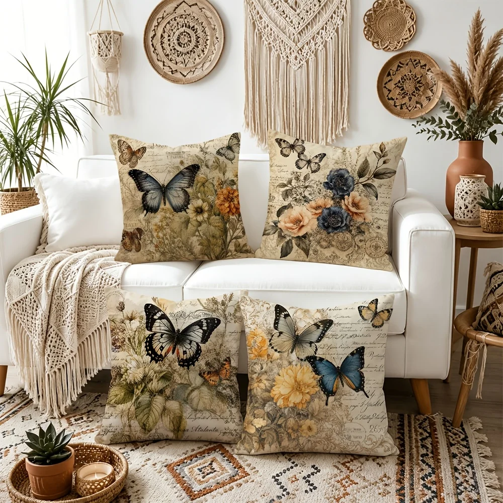 4pc Vintage Butterfly Floral Throw Pillow Covers Retro Botanical Decorative Pillowcases for Living Room Bedroom Sofa Decor