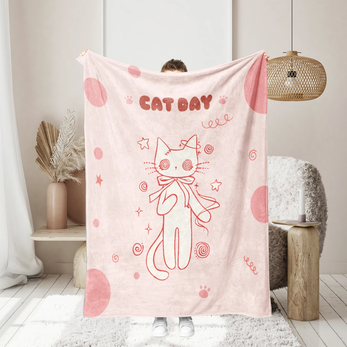 

1PC cute and pink cat pattern printed blanket, suitable for sofas, beds, offices, travel, camping chairs, warm plush blanket