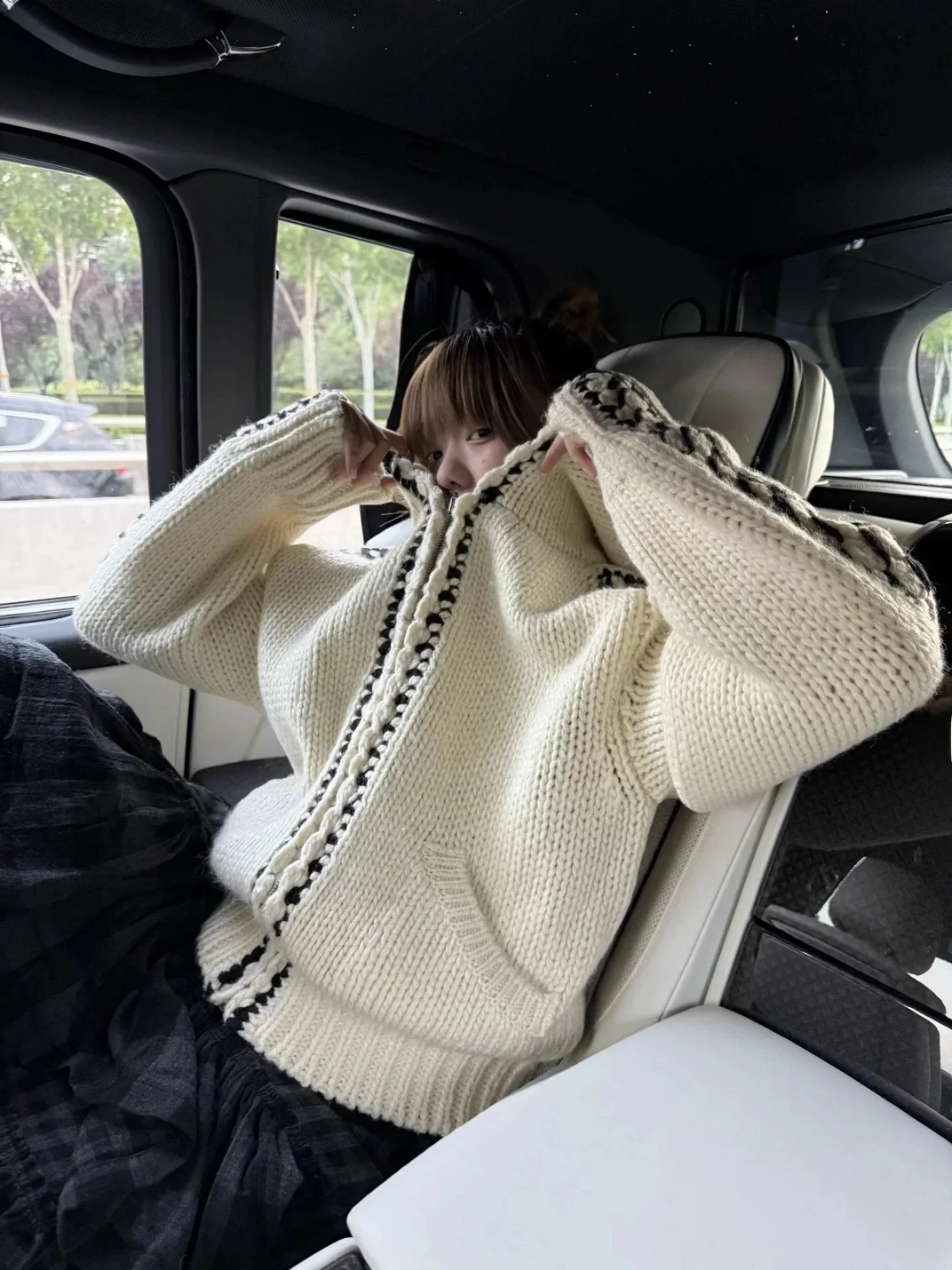 

Ultra Heavyweight Hand Sewn Thick Wool Hat Sweatshirt Jacket Openy Korean Style Women's Loose Fit Long Sleeve Cardigan