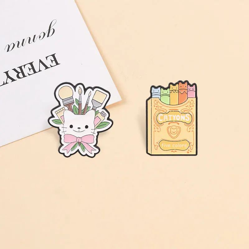 Creative Cartoon Cat Pencil Box Design Metal Brooch Kids Gift Pins Badge DIY Clothing Bags Hat Scarf T-shirt Jeans Accessory