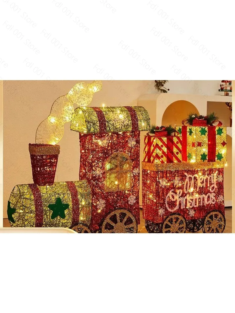 

Christmas decorations wrought iron train luminous snowman pulling gifts cartoon train ornaments shop window arrangement