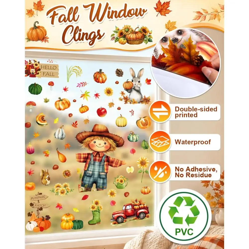 Double-Sided Fall Window Clings Reusable PVC Static Cling Decorations Pumpkin Scarecrow Design Waterproof Autumn Harvest Decals