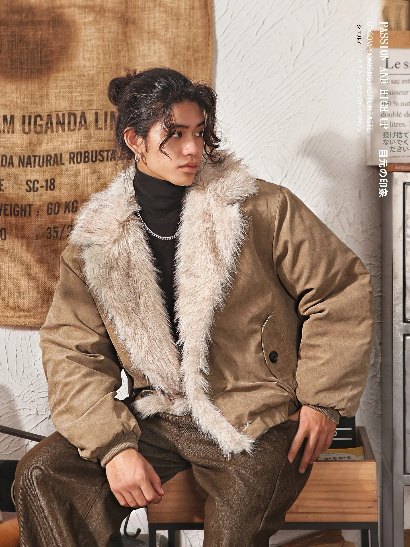 

Thickened Retro Japanese Style Men's Cotton Jacket with Fur Collar Youth Trendy Water-Resistant Mink Imitation Winter Coat