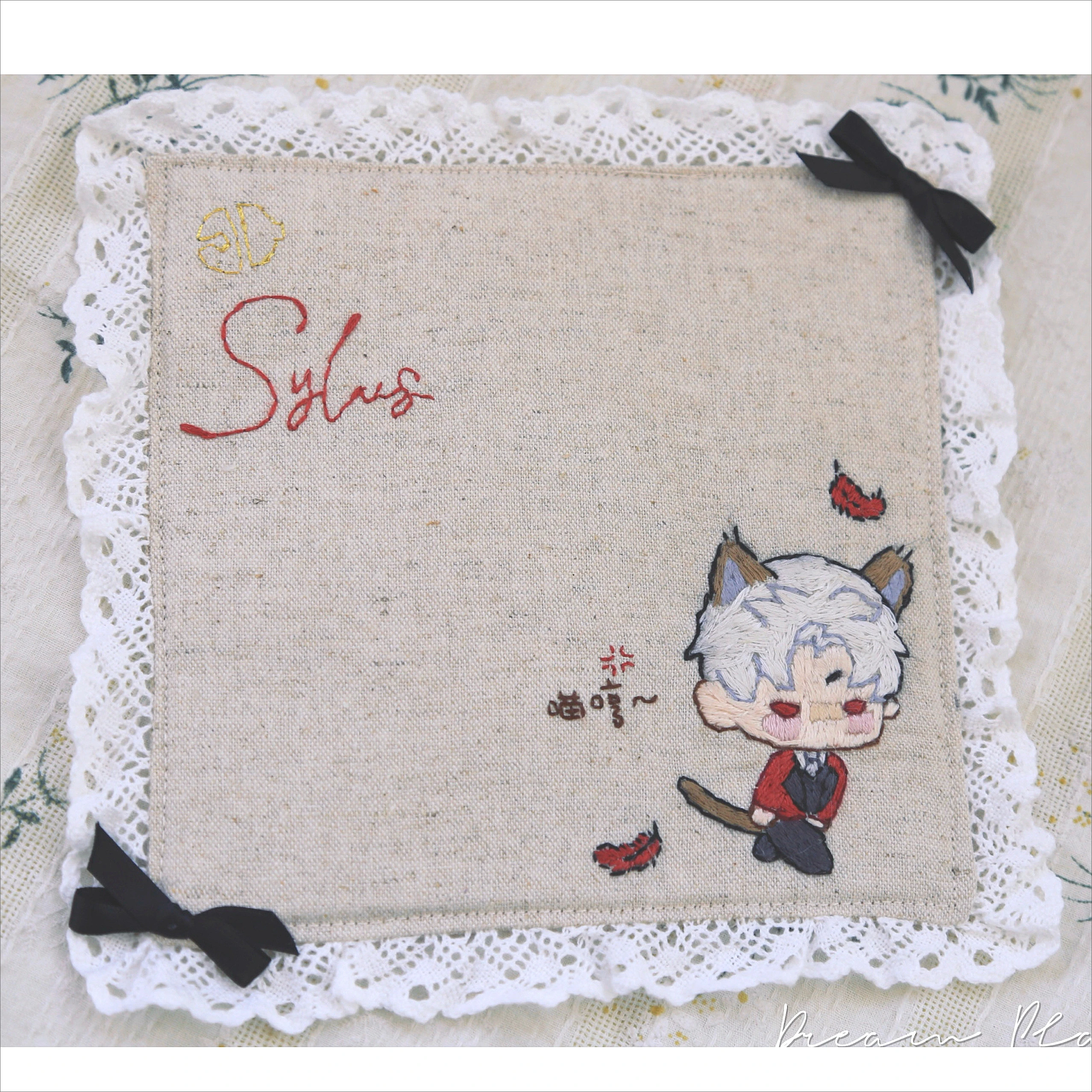 

Anime Love and Deepspace Sylus Cosplay Handmade Embroidery Tea-cup Cushion Stitchwork Coaster Mascot Doily Desktop Ornament Gift