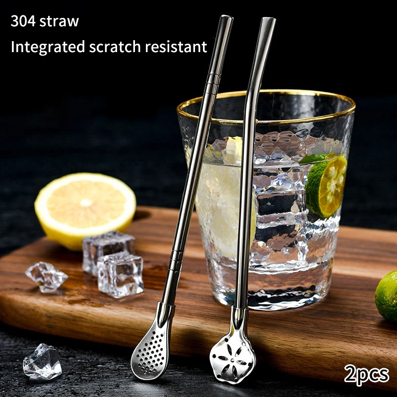 2pcs Detachable Filter Straw Stainless Steel Straw Spoon Tea Filter Yerba Mate Straw Reusable Drinking Tools Bar Accessories.