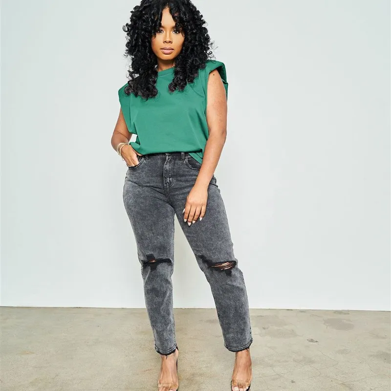 الأوروبية Sle المرأة Faion تي شيرت بلايز Ins Sle AL7 oulder القطن Svel هوديي لون نقي ملابس الشارع الشهير غير رسمية #3