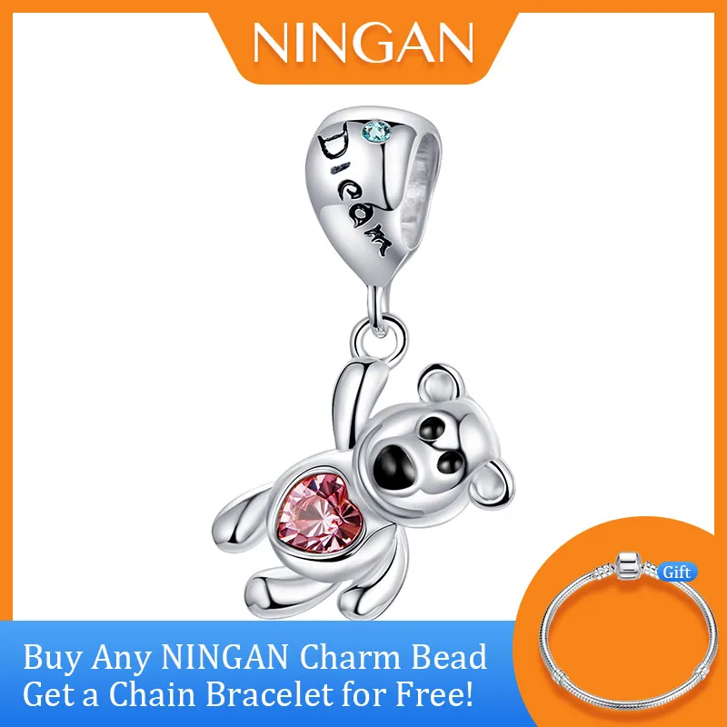 NINGAN Cute Bear Pendant Charms Sterling Silver Beads Hypoallergenic Fine Jewelry Dangle Charms for Women Bracelet