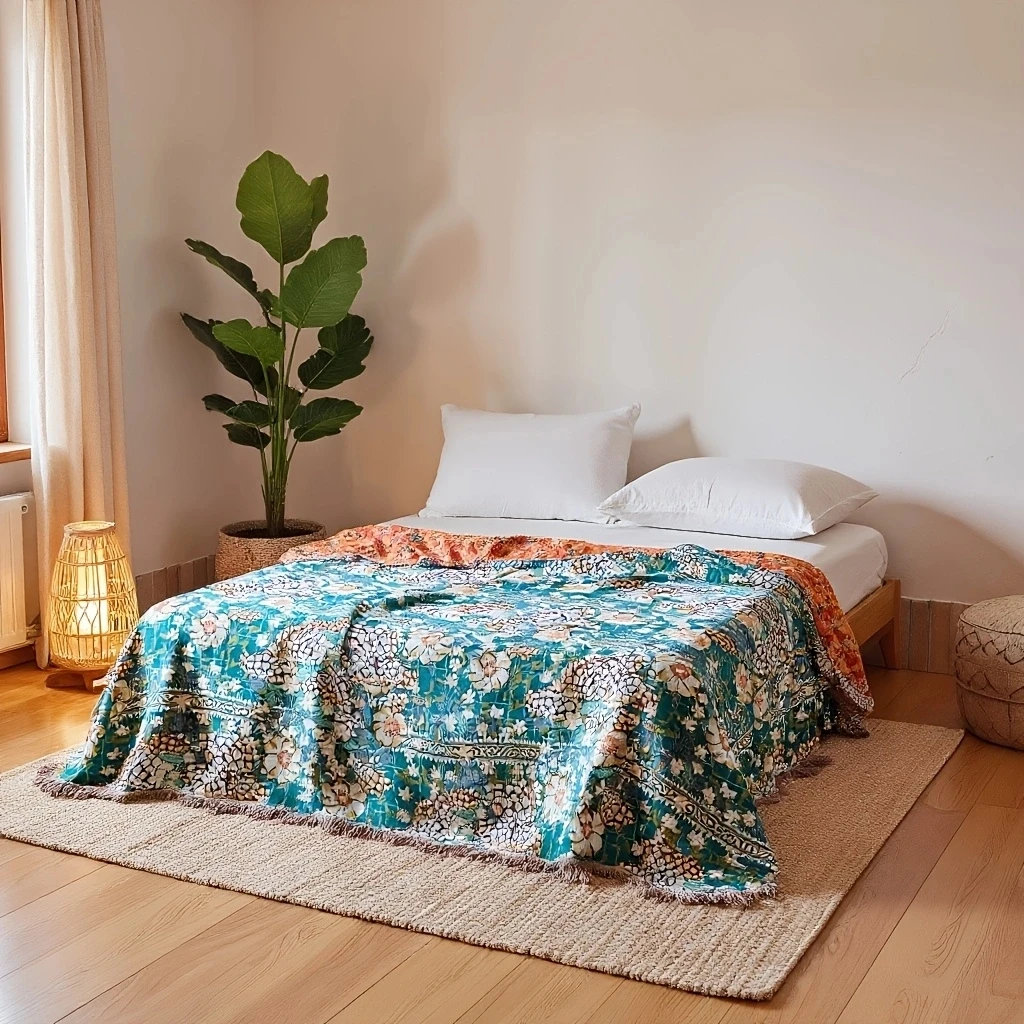 1 Pack Fresh Floral Double Sided Throw Blanket Bed Cover Sofa Nap Blanket, Machine & Dry Cleanable, Ideal Gift