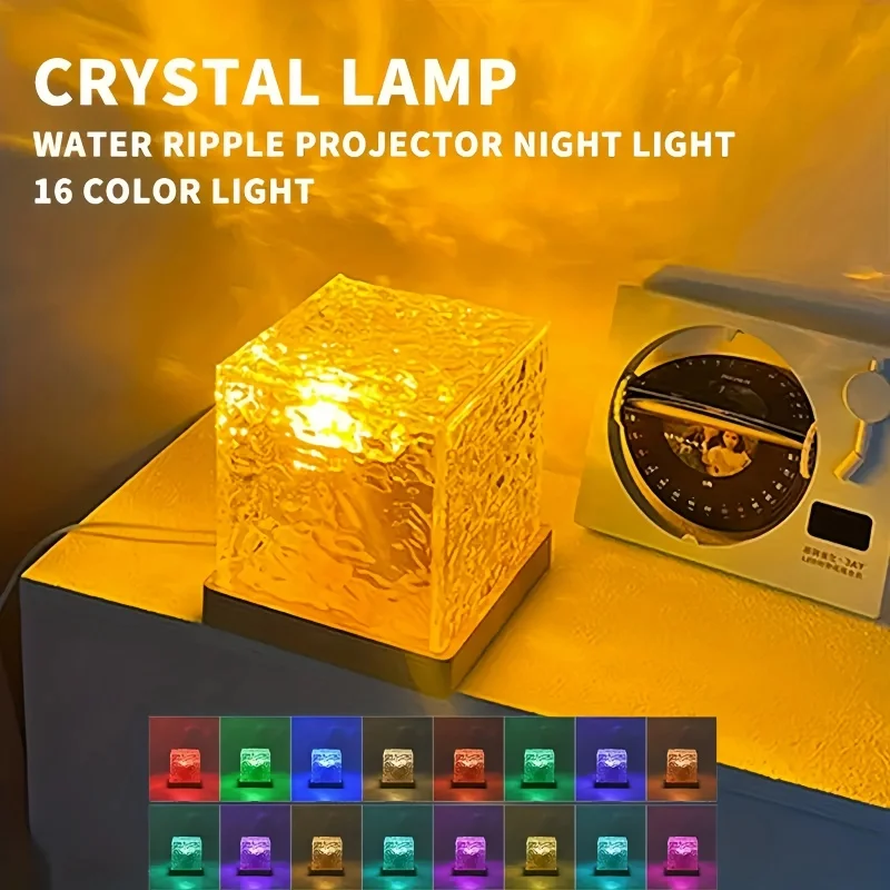 Dynamic Rotating Water Ripple Projector Night Light 16 Colors Flame Crystal Lamp for Living Room Study Bedroom Rotating Light