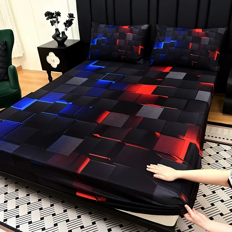 3pcs Cool Technology Digital Printing Material Plaid Fitted Sheet(1pc Bed Sheet+2pcs Pillowcase No Filling) Deep Pocket In 15 In