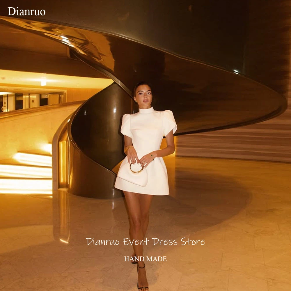 

Dianruo Bow Mini Prom Dresses A Line Mini Short Sleeves Cocktail Dresses Cut Out High Neckline Homecoming Dressess Customized