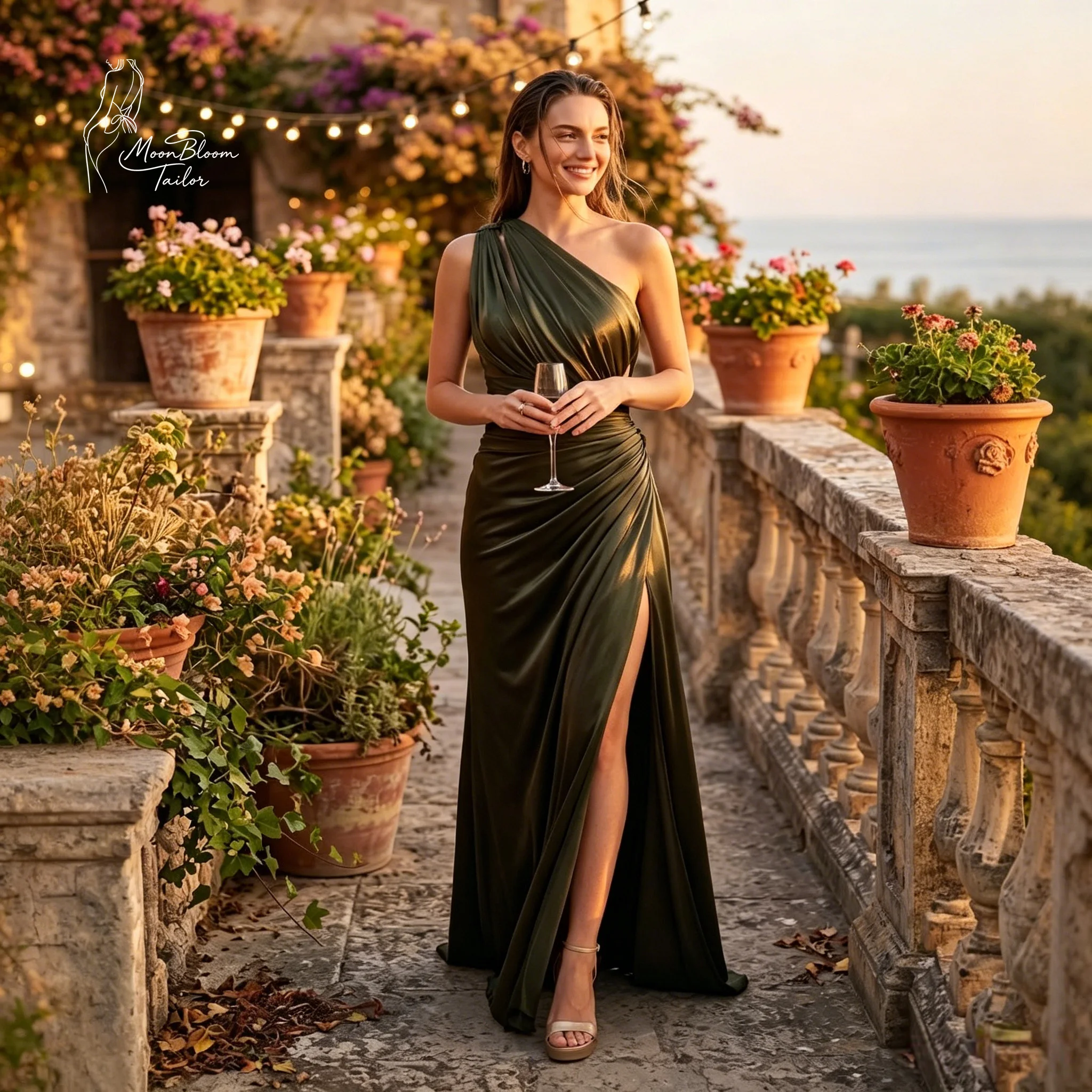 

Elegant Dark Green Satin Mermaid Dress with One-Shoulder Draped Design & High Slit | Custom Evening/Prom/Summer Garden Party Dre