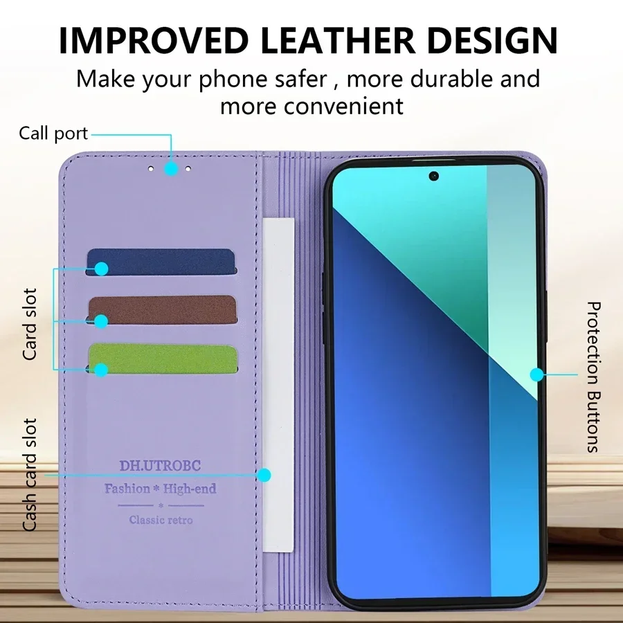 Wallet Skin Friendly Strong Magnetic Card Slot Flip Leather Case For Xiaomi Redmi Note 13 Pro+ 12 12S 11 11S 10 9 Pro 8T 7 Cover