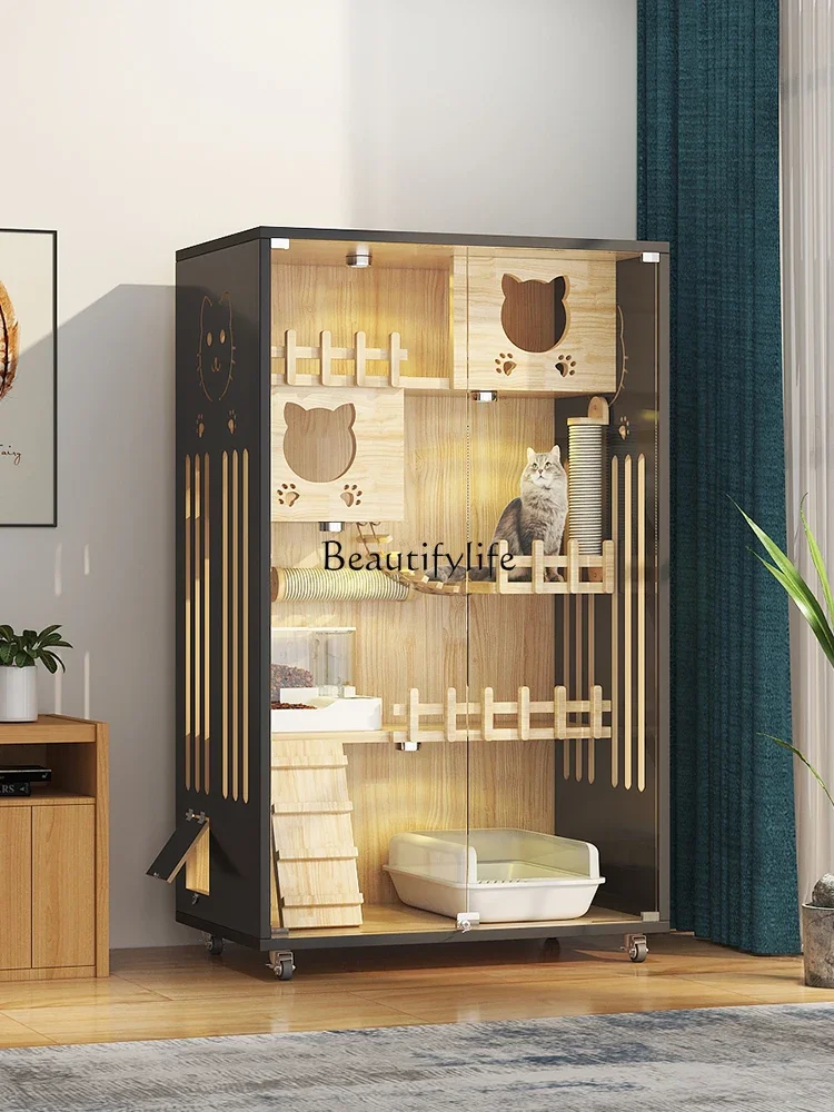 

Cat House Household Solid Wood Indoor Super Large Free Space Cat Chamfer Integrated Cat Cage